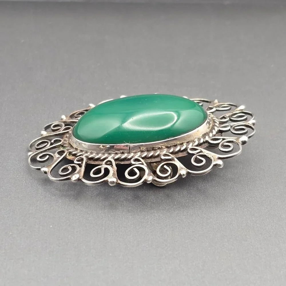 VTG EME 83 Sterling Silver 925 Green Onyx Filigree Brooch Pendant 2" Mexico - Picture 2 of 9